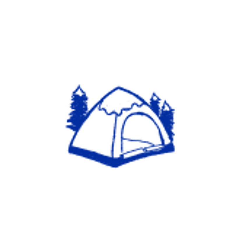The image shows a blue line drawing of a tent, possibly indicating a campsite. The tent is surrounded by stylized trees, suggesting an outdoor or wilderness setting. The drawing is set against a black background, which makes the blue lines stand out. The style is simple and illustrative, resembling a logo or icon.